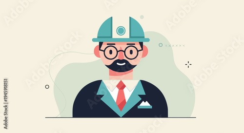 Flat illustration of a professional man wearing a hard hat and glasses (1)