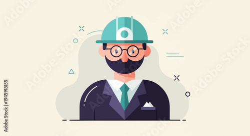 Flat illustration of a professional man wearing a hard hat and glasses