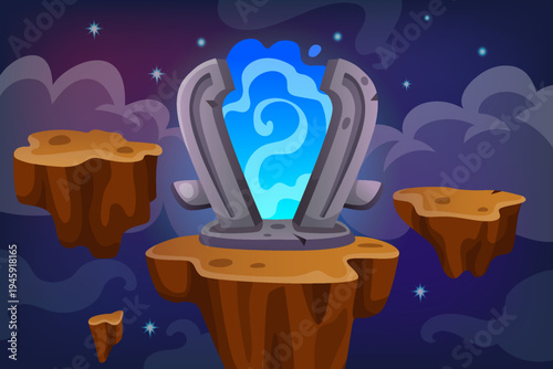 Fantasy landscape with portal. Alien cave on planet. Cartoon game. Magic stone. Martian space adventures. Shape teleport door. Arch of energy. Mystical doorway. Vector tidy background illustration