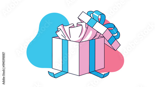 Open white gift box with blue ribbons and pink tissue paper reveals a surprise celebration on an abstract blue and pink background.