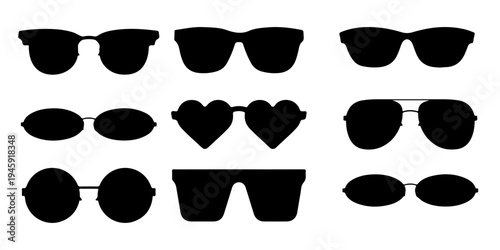 Set of Sunglasses Silhouette Vector Icons. Collection of Trendy Eyewear Shapes Including Aviator, Heart, Round, and Retro Frames. Minimalist Black Eyeglasses Graphic Elements for Fashion Design.