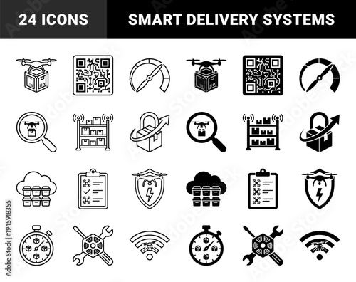 Hybrid Logistics and Drone Delivery Icon Set Featuring Smart QR Code Circuits Automated Warehouse Shelves and Shield Protected Unmanned Aircraft