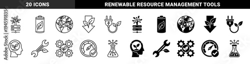 Sustainable technology and green energy hybrid icons featuring eco friendly servers battery storage renewable power plugs and organic growth concepts
