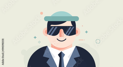 Flat illustration of a smiling man in a suit, hat, and sunglasses