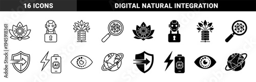 Hybrid Artificial Intelligence Icons Merging Technology with Nature and Security Featuring Lotus Microchips Robot Locks and Global Connectivity
