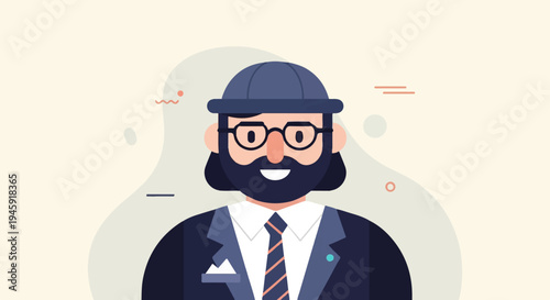 Flat illustration of a smiling man in a suit, glasses, and beanie