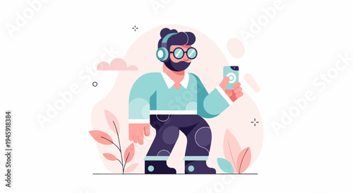 Flat-style illustration of a bearded man wearing headphones and glasses, holding a phone