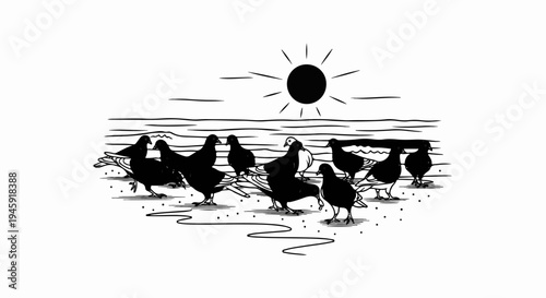 Flock of pigeons gathered by the water under a stylized sun