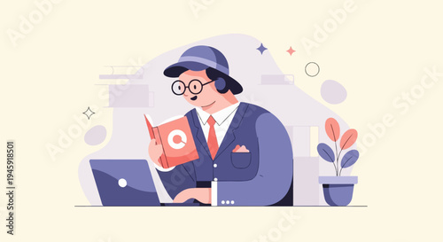 Focused person in hat and glasses reads book, laptop, potted plant