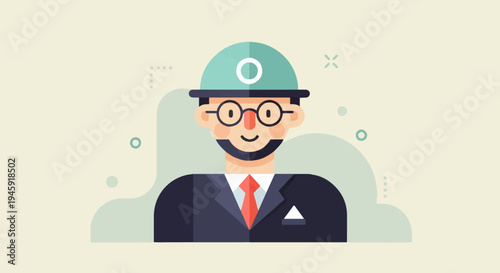 Flat illustration of a smiling man wearing a hard hat and suit