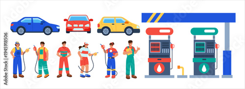 Gas station. Car in city. Road building architecture. Energy employee, gasoline fuel. Petrol industry. Transport tank. Service refuel. Vector filling tidy sale cartoon flat style isolated illustration