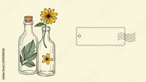 Decorative glass bottles containing flowers and leaves next to a blank postage stamp for an elegant stationary or invitation theme.