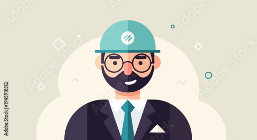 Flat illustration of a smiling man with a beard and hard hat