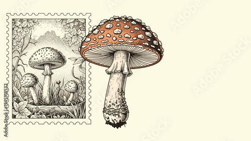 Vintage style illustration of fly agaric mushrooms featuring a detailed color drawing and a black and white postage stamp design.