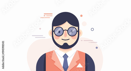 Flat illustration of a smiling man with dark hair, beard, glasses