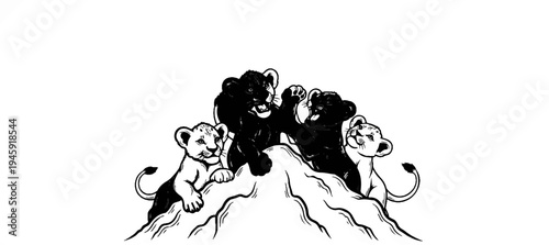 Four playful cubs, two dark and two light, climb a rocky peak