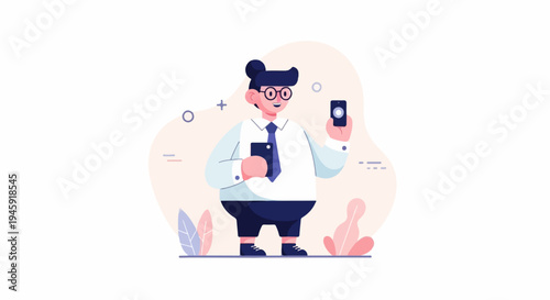 Flat illustration of a person in business attire holding two mobile devices