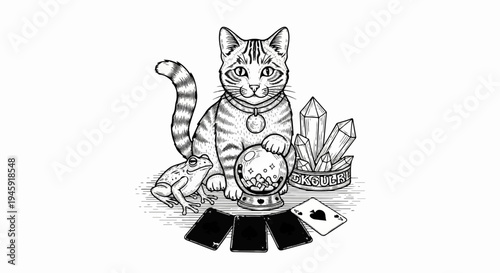 Fortune teller cat, frog, crystal ball, cards, and crystals