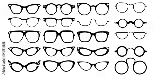 Set of Sunglasses Silhouette Vector Icons. Collection of Trendy Eyewear Shapes Including Aviator, Heart, Round, and Retro Frames. Minimalist Black Eyeglasses Graphic Elements for Fashion Design.