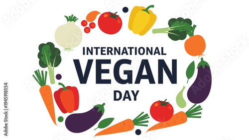 Colorful vegetable wreath featuring tomatoes peppers eggplant and carrots to celebrate international vegan day for healthy living.