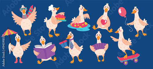 Cute farm goose. Duck with balloon. Happy character from book. Water baby mascot. Children funny pet. Different poultry, bird beak. Vector rural tidy livestock cartoon flat style isolated illustration