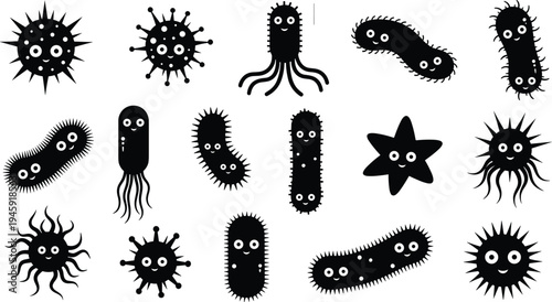 Cartoon microorganisms silhouettes, cute bacteria illustration, friendly microbes vector, microbiology icons, whimsical germs artwork, educational science design, playful pathogen characters
