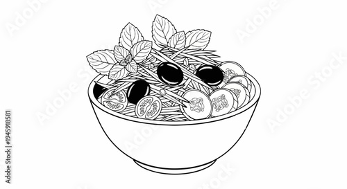 Freshly prepared salad with olives, tomato, cucumber, and basil leaves