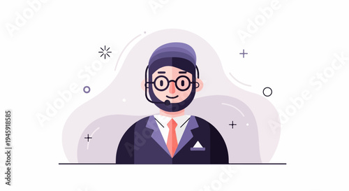 Friendly agent with headset and glasses, a business professional, illustration