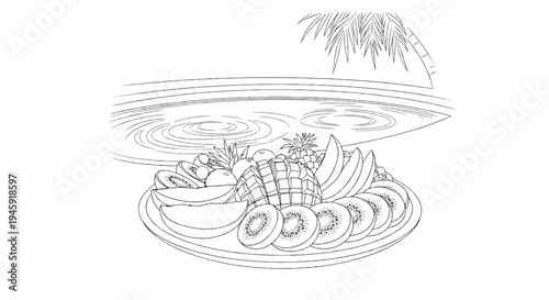 Fresh fruit platter with exotic fruits beside a serene pool under palm trees