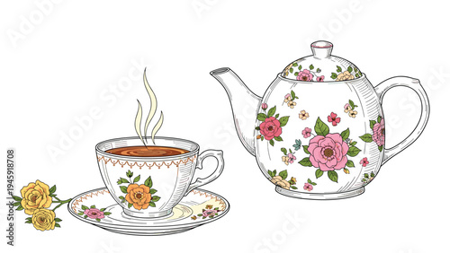 Elegant teapot and matching teacup with pink and yellow rose patterns accompanied by a single flower for a classic tea time setting.