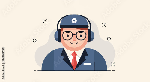 Friendly, bespectacled person in a suit wearing headphones and a cap