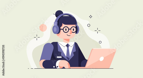 Friendly customer service agent wearing headphones and glasses works on laptop