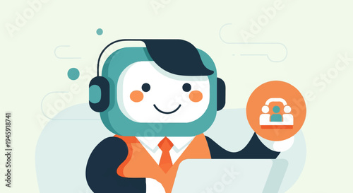 Friendly bot in headset with team icon, working on a laptop