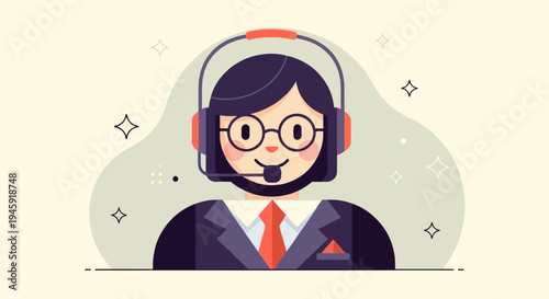 Friendly customer service agent with headset and glasses, professional attire
