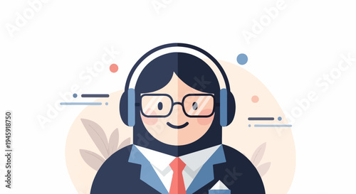 Friendly business professional with headphones and glasses, illustrated with soft colors