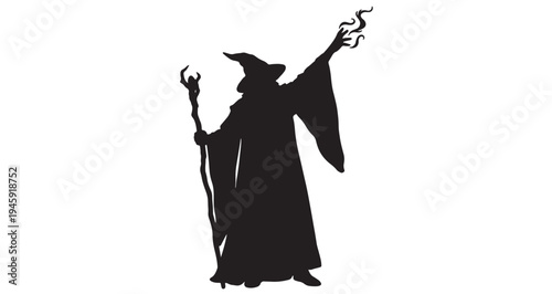 Fantasy Magic Wizard Silhouette Powerful black silhouette vector graphic illustration of a classic fantasy wizard casting dark magic with a gnarled staff and flowing robes.