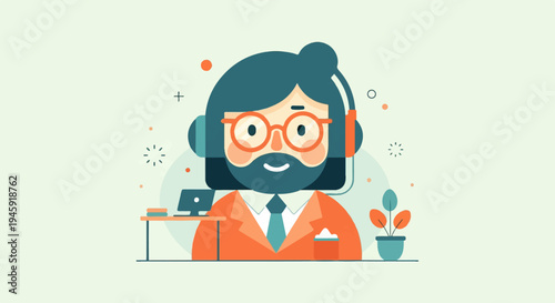 Friendly call center agent with headset, glasses, and beard