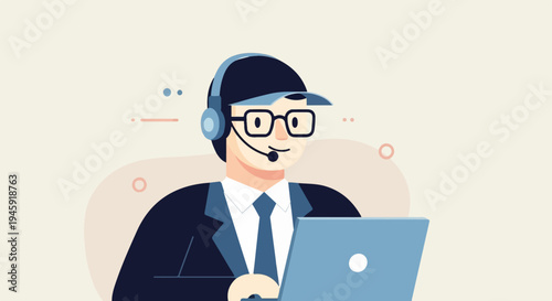 Friendly customer service agent with headset and laptop