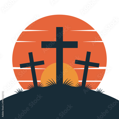 Three crosses on a hill at sunset symbolizing faith and spirituality