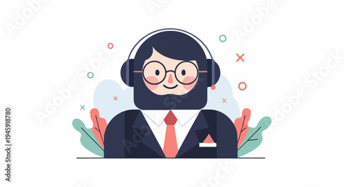 Friendly customer support avatar with headset and business attire, surrounded by abstract shapes