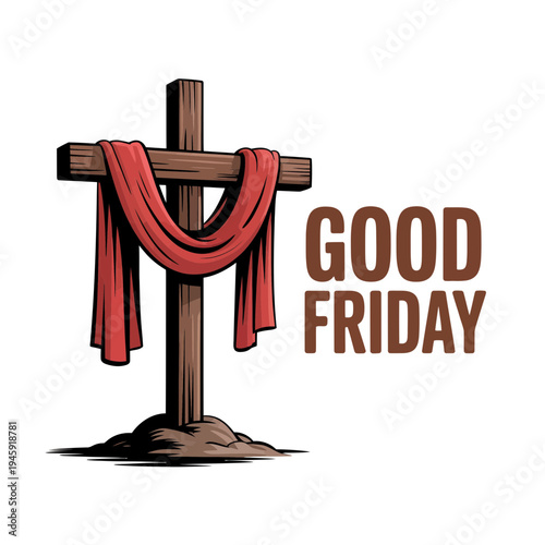 A Christian cross with red cloth on Good Friday
