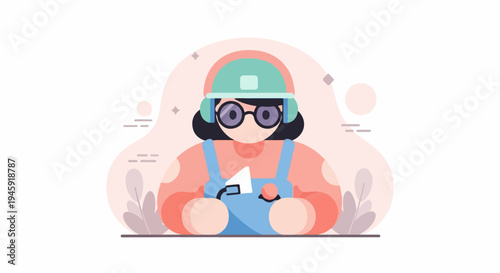 Flat illustration of a person in overalls, helmet, and headphones