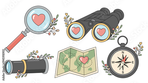Collection of exploration tools including a magnifying glass binoculars telescope map and compass decorated with romantic floral elements.