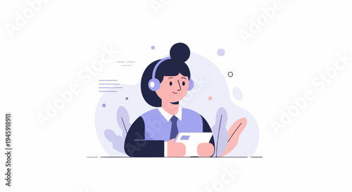 Friendly operator in headphones with tablet, abstract background