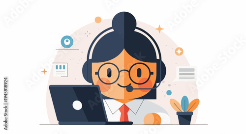 Friendly operator with headset and laptop, business support illustration
