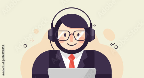 Friendly person in suit and headset on laptop with abstract background