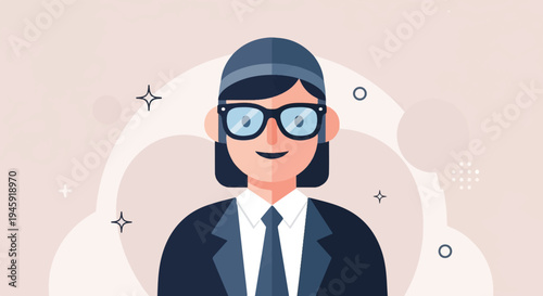 Flat illustration of a smiling person wearing glasses and a suit