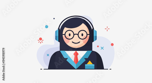 Friendly person in suit wearing headphones, looking helpful