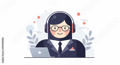 Friendly person in suit with headphones and laptop, abstract art