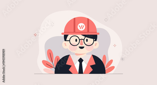 Friendly cartoon character wearing a hard hat and glasses, with abstract shapes and plants